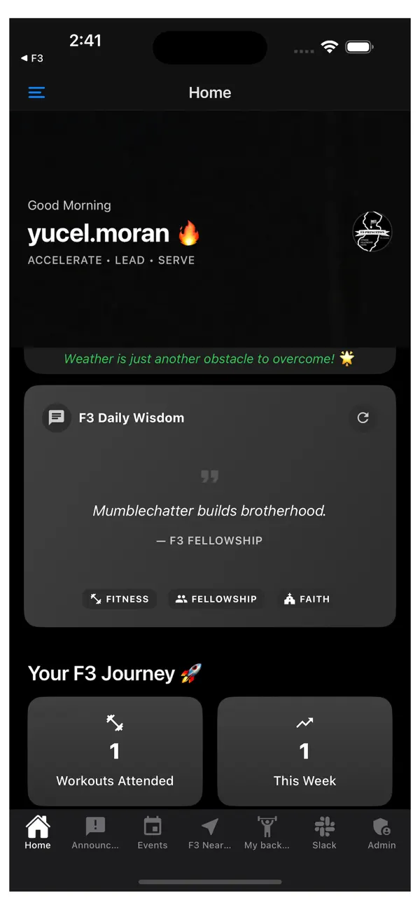 F3 app home screen with attendance history and community updates