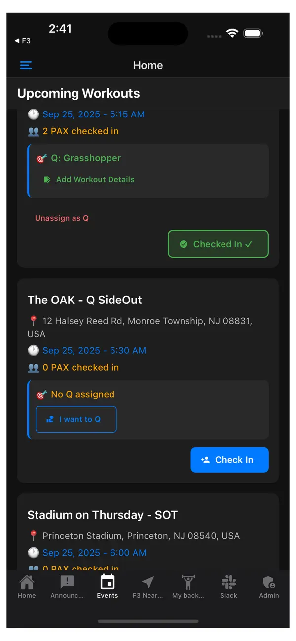 F3 workout schedule with locations and check-in buttons